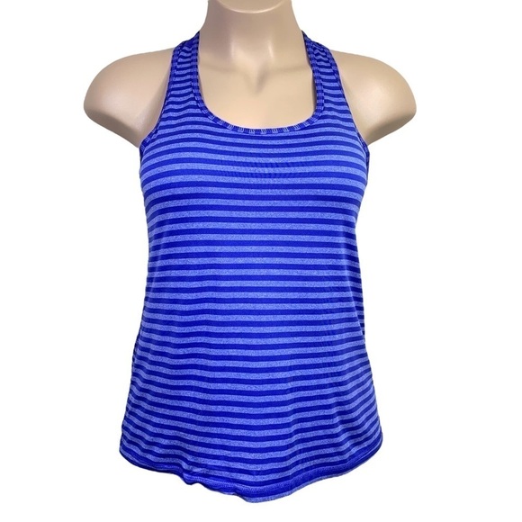 Large Danskin Blue Striped Athletic Tank Stretch Activewear 12 14 Scoop Neckline - Picture 1 of 6
